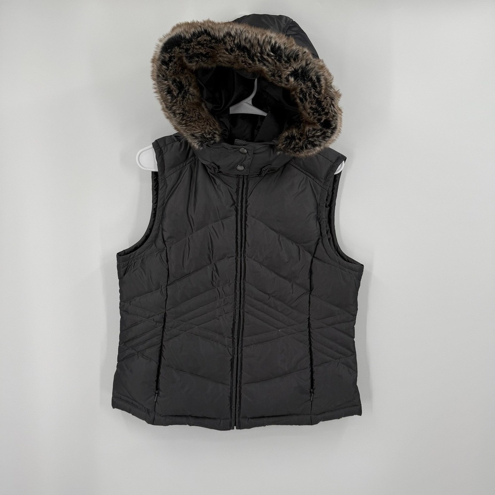 Loft Womens Vest Size 8 Green Puffer Sleeveless Jacket with Hood Faux Fur